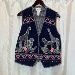Vintage Napa Valley Safari Animal Vest Size M Embroidered Giraffe Zebra Tiger